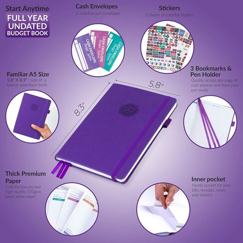 GoGirl Budget Book – Undated Colorful Monthly Financial Planner Organizer. Budget Planner & Expense Tracker to Reach Financial Goals, Lasts 1 Year, Bonus 3 Cash Envelopes, A5 Hardcover – Purple in Saudi Arabia