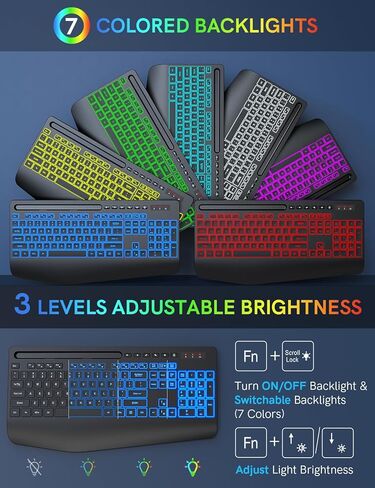 مجموعة لوحة مفاتيح وماوس لاسلكية مع 7 مصابيح خلفية ملونة، مسند للمعصم، لوحة مفاتيح مريحة قابلة لإعادة الشحن مع حامل هاتف، مجموعة كاملة الحجم بإضاءة صامتة للنافذة، ماك، الكمبيوتر الشخصي، الكمبيوتر المحمول-ترويك (أسود) in Kuwait