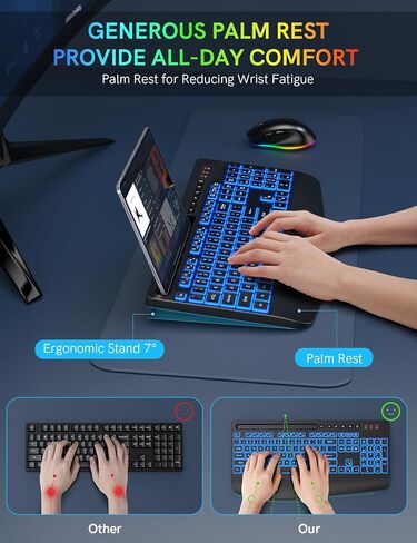 مجموعة لوحة مفاتيح وماوس لاسلكية مع 7 مصابيح خلفية ملونة، مسند للمعصم، لوحة مفاتيح مريحة قابلة لإعادة الشحن مع حامل هاتف، مجموعة كاملة الحجم بإضاءة صامتة للنافذة، ماك، الكمبيوتر الشخصي، الكمبيوتر المحمول-ترويك (أسود) in Kuwait