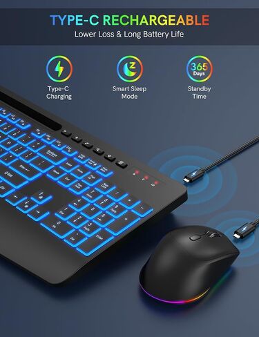 مجموعة لوحة مفاتيح وماوس لاسلكية مع 7 مصابيح خلفية ملونة، مسند للمعصم، لوحة مفاتيح مريحة قابلة لإعادة الشحن مع حامل هاتف، مجموعة كاملة الحجم بإضاءة صامتة للنافذة، ماك، الكمبيوتر الشخصي، الكمبيوتر المحمول-ترويك (أسود) in Kuwait