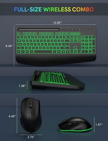 مجموعة لوحة مفاتيح وماوس لاسلكية مع 7 مصابيح خلفية ملونة، مسند للمعصم، لوحة مفاتيح مريحة قابلة لإعادة الشحن مع حامل هاتف، مجموعة كاملة الحجم بإضاءة صامتة للنافذة، ماك، الكمبيوتر الشخصي، الكمبيوتر المحمول-ترويك (أسود) in Kuwait