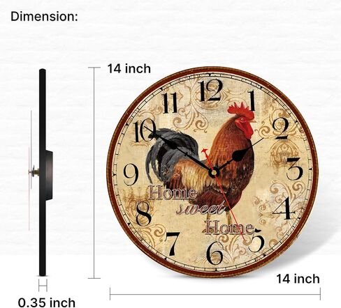 TAHEAT 14 Inch Rustic Rooster Wall Clock Retro Silent Non Ticking Easy to Read Clock, Battery Operated Decorative Wall Clocks for Kitchen/Living Room/Bedroom/Farmhouse Decoration in Saudi Arabia