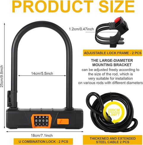Hicarer 2 Pcs Bike Locks with 6.56 Feet Bike Locks Cable Anti Theft Security Bicycle U Locks 4 Digit Resettable Combination U Lock for Scooter Road Mountain Bikes with Mounting Bracket in Saudi Arabia