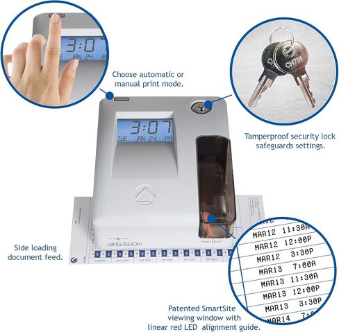 Pyramid Time Systems, Model 3550SS SmartSite Time Clock and Document Stamp, Patented SmartSite LED Linear Light Guide, Includes 25 time Cards, Ribbon, 2 Security Keys and User Guide, Made in USA in Saudi Arabia