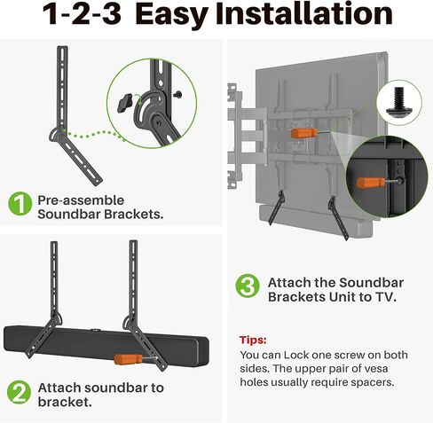 USX MOUNT Sound Bar Mount Under TV, Adjustable Angle Soundbar Mount, Flexible Sound Bar Shelf, Max Load 22 Lbs, Soundbar Mount with L-Shaped Hooks for TV Bottom Hole in Saudi Arabia