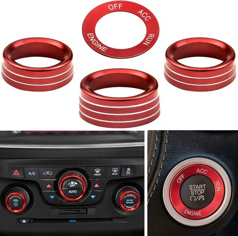 for Challeger Air Conditioner Turn Signal Light Climate Volume Auto Center Console Knob Ring Compatible with Dodge Challenger/Charger/Chrysler Stop Start Button Sticker 2015-2019 (Red) in Saudi Arabia