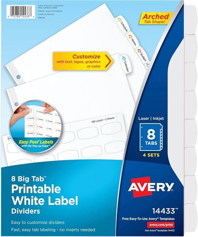 Avery 14433 Easy Peel White Label Tab Dividers 8-Tab 4/PK White in Saudi Arabia