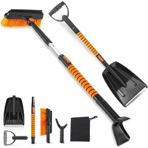 39'' Ice Scraper with Snow Brush for Car Windshield, Car Snow Scraper and Brush with Foam Grip 360°Pivoting Brush Head, Extendable, Detachable, for Cars, Trucks, SUVs, Vehicle