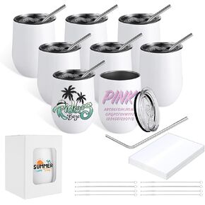 8 Pack 12 oz Sublimation Skinny Wine Tumblers Bulk, Double Wall Vacuum Insulated Stainless Steel Mug with Sliding Lid, Stainless Steel Straw and Sublimation Shrink Wrap Sleeve, White