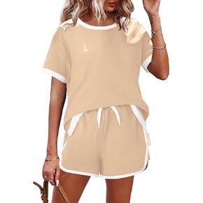 AKEWEI Two Piece Lounge Set for Women Casual Short Sleeve Crewneck Tops and Drawstring Shorts Color Block Sweatsuit