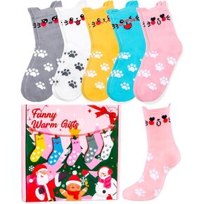 HONGTEYA Cat Socks, 5 Pairs Cute Cat Socks Women, Novelty Funny Cartoon Cat Socks for Girls, Colorful Comfortable & Breathable Casual Socks Funny Christmas and New Year Gifts for Cat Lovers