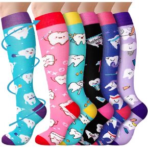 6 Pairs Funny Nurse Dental Compression Socks for Women Men Christmas Compression Tooth Socks Novelty Knee Long Nursing Compression Socks Christmas Appreciation Gift for Nurse Teacher Athletic