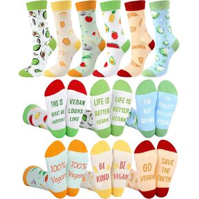 Liitrsh 6 Pairs Funny Vegan Gifts Ideas for Women Vegetarian Socks Novelty Vegetable Fruit Pattern Crew Socks for Women Men Christmas Stocking Stuffers