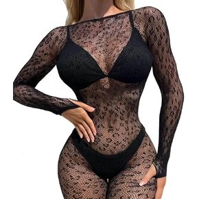 Women's One Piece Sexy Lingerie Bodystockings Long Sleeve See-Through Fishnets Bodysuit