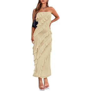 BTFBM Women Summer Elegant Strapless Midi Ruched Bodycon Dress Solid Color Stretch Mesh Slim Party Cocktail Dresses in Kuwait