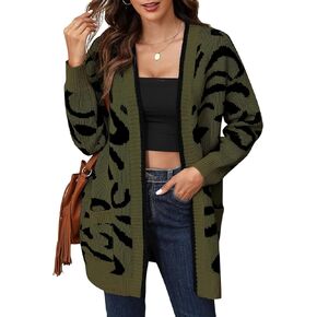 Women Fashion Leopard Print Sweater Cardigan Long Sleeve Open Front Coat Outwear 2024 Fall Winter Clothes