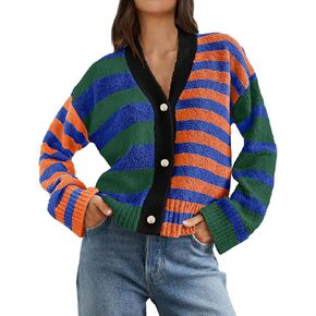 MEROKEETY Women's Striped Cardigan Sweaters Color Block Fuzzy Knit Coat Button Down V Neck Outfits