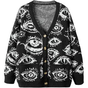 SHENHE Women's Plus Size Button Down Eye Print Goth Cardigan Grunge Punk Sweater Outerwear