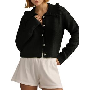 Arssm Womens Ruffle Collar Cardigan Cropped Button Down Open Front Sweaters Knitted Long Sleeve Fall 2024 Elegant Outwear
