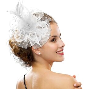 White Fascinators for Women, Kentucky Derby Hats, Tea Party Hat Kentucky, Feather Mesh Hair Clip Fascinators Hats Fascinator Headpiece