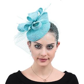 Sinamay Fascinator Flower Feathers Pillbox Hat Headband Hair Clips for Derby Cocktail Wedding Tea Party Lake Blue,
