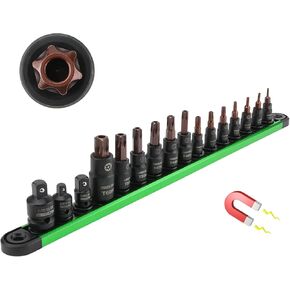 Torx Star Bit Socket Set: 16-Piece Tamper Proof Torx Bit Socket Set with Magnetic Socket Rail Organizer 1/4,3/8,1/2-Inch Drive T8-T60 Torque Torx Bit Socket Set with Adapters for Garages Workshops