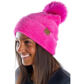 Funky Junque Beanie for Women Ultra Soft Chenille Faux Fur Pom Pom Winter Hats Warm Ski Cap Fashion