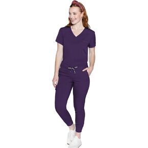 Med Couture Women's Scrub Set with V- Neck Scrub Top MC7448 and 2-Way Stretch Pants 7710, Eggplant - L Top/L Petite Pant