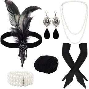 8 Pieces 1920s Great Flapper Accessories Set for Women 20s Fascinators Feather Hair Headpiece Headband Party