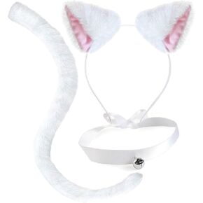 OLYPHAN Cat Costume Accessories White Cat Ears and Tail Set Furry Long Cat Tail Costume & Faux Fur Cat Ears Headband - Animal Halloween Kit for Women/Adults Cat Cosplay Pack with Bell Choker- 3 PCS