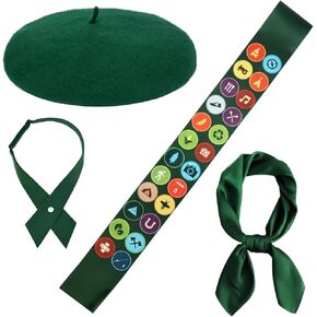4 Pcs Halloween Scout Costume Set Include Blackish Green Beret Sash Scarf and Bowtie for Women Party Dress Up