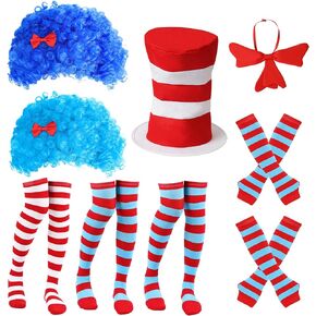 Wehhbtye 9 Pcs Blue Thing Costume Set, Blue Fuzzy Curly Wig with Red White Striped Hat, Blue Red Striped Costume Outfit Accessories for Women Halloween Cosplay Costume Themed Party in Kuwait