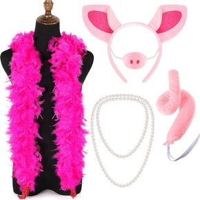 Haysandy 5 Pcs Pig Costume Accessories Set Pink Pig Ears Headband Nose Tail Feather Boa Pearl Necklace Pink Animal Fancy Costume Kit Accessories for Adult Halloween Cosplay Dress up Party