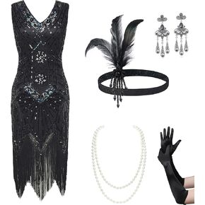BABEYOND Women's Flapper Dresses Set 1920s V Neck Great Gatsby Dress with Accessories Set
