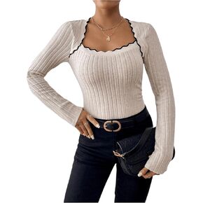 Women's Sweetheart Neck Ribbed Knit Bodysuit Shirts Long Sleeve Slim Fit Lettuce Trim Tee Tops