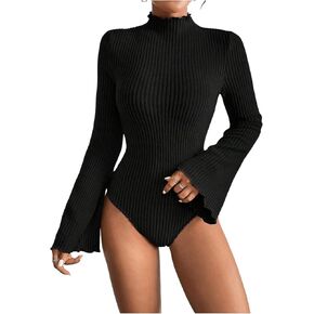 OYOANGLE Women's Lettuce Trim Mock Neck Bell Long Sleeve One Piece Bodysuit Rib Knitted Bodysuits