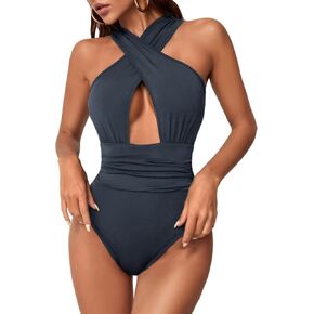 Milumia Women's Sexy Cross Wrap Cutout Sleeveless Solid High Waist Halter Bodysuit