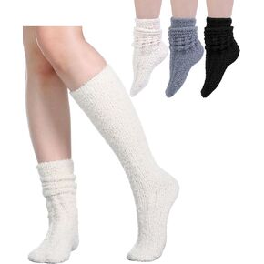 Geyoga 3 Pairs Women Slouch Socks Winter Stacked Boot Socks Warm Coral Fleece Long Scrunch Socks girl Knit Knee High Socks