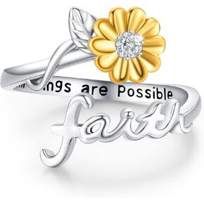 Cuoka Silver Sunflower Faith Anxiety Ring, Adjustable You Are My Sunshine Open Faith Religious Ring Christian Inspiring Incentive Jewerly Gifts for Women