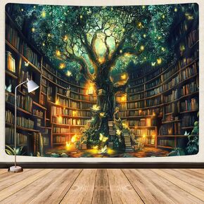 GOAOK Fantasy Library Tapestry For Classroom, Mysterious Tree Magic Bookshelf Aesthetic Tapestries, Witchy Fairytale Tree Vintage Bookshelf Book Art Tapestry Wall Hanging College Room Bedroom, 80"X60"