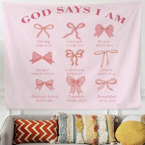 QROZIAR Bible Coquette Pink Bows Tapestry for Bedroom, God Says I Am Christian Tapestry Decor, Positive Affirmantions Kids Room Wall Blanket Decor for Classroom Room Home Dorm, 50x60 Inches