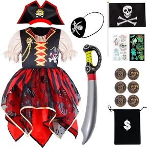 IKALI Girls Pirate Costume with Hat Accessories, Kids Buccaneer Princess Fancy Dress Outfit