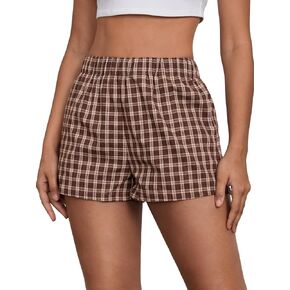 MakeMeChic Women's Gingham Pajama Bottom Elastic Waist Wide Leg Sleepwear Plaid Lounge Shorts