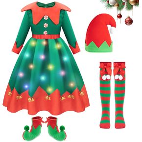 Meland Elf Costume for Kids, Light Up Christmas Costumes for Kids Girls with Christmas Shoe Covers Elf Outfit for Kids 4-12