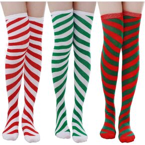 Dxhycc 3 Pairs Christmas Striped Knee High Socks Over Knee Thigh High Stocking Long Xmas Socks for Women