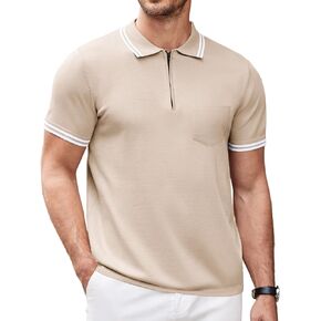 Vssjavun Mens Polo Shirt Casual Knit Short Sleeve Shirt Slim Fit Zip Golf T-Shirt