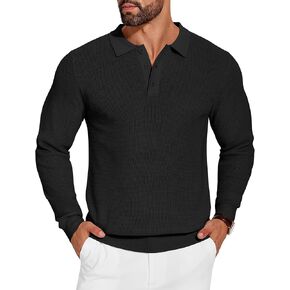 COOFANDY Mens Knit Polo Shirts Long Sleeve Sweater Casual Waffle Textured Collared Polo Sweater