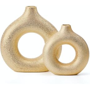 Set of 2 Donut Vase Hollow Ceramic Vase Handmade Minimalist Boho ins Style, Modern Vase for Home Decor for Wedding Dinner Table Party Living Room Office Bedroom (Gold, Large + Small)