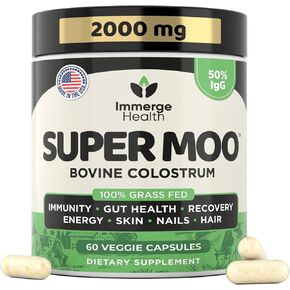 Super Moo Grass Fed Bovine Colostrum Powder | Gut Health, Muscle Recovery, Energy, Hair, Skin and Immune Supplement | 50% IgG Pure Bovine Colostrum for Humans | Superfood, Gluten Free, Unflavored.