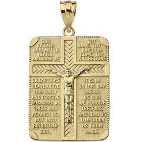 Solid 10k Gold Religious Lord's Prayer and Crucifix Cross Rectangular Tag Pendant